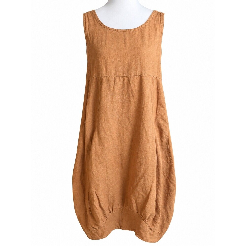 Gigi Moda Made in Italy Linen Lagenlook Balloon Hem Midi Dress Tan Large